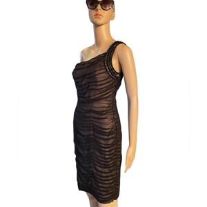 bEBE pintucked black one shoulder silk beaded cocktail midi fitted dress